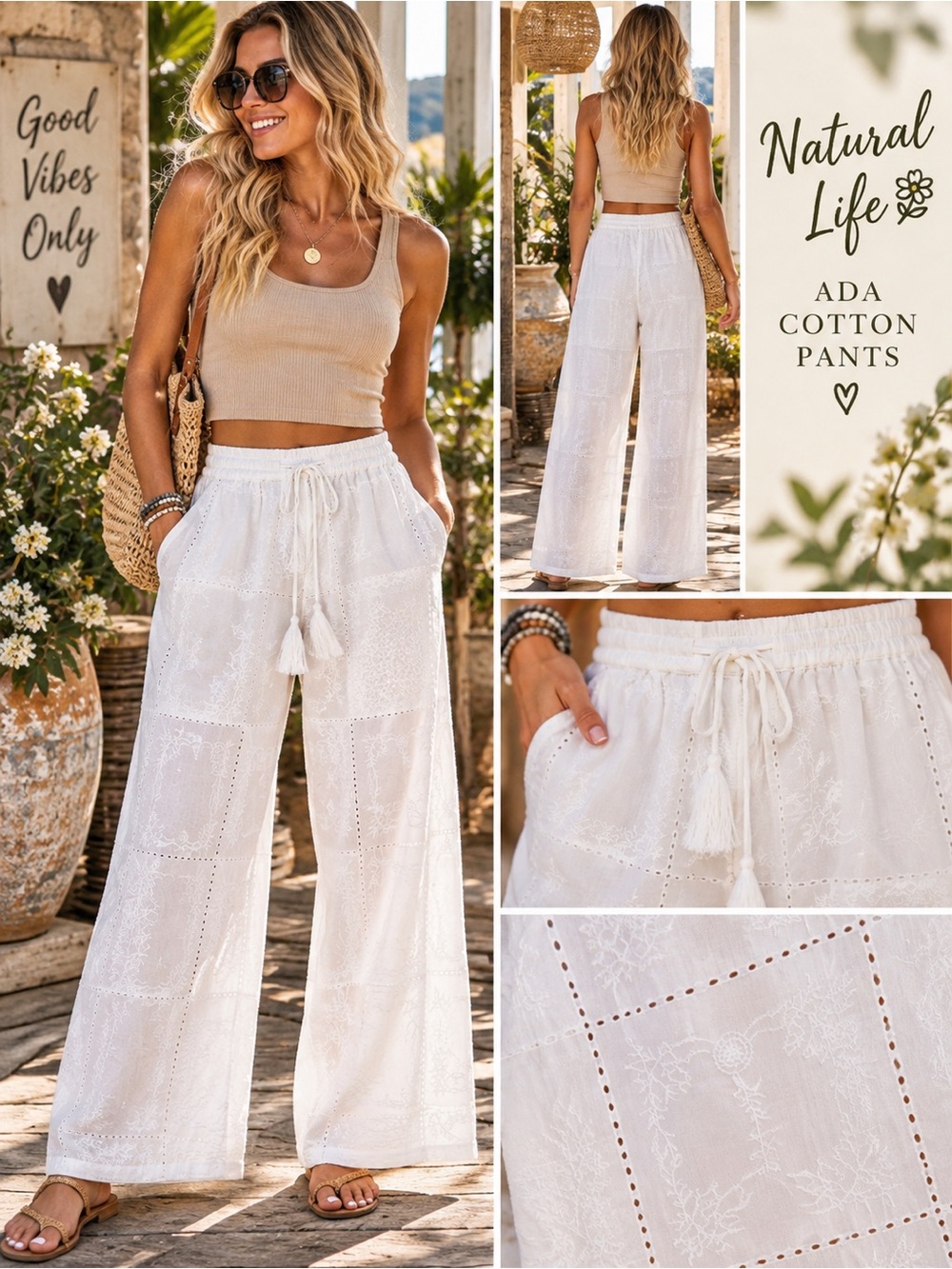 NATURAL LIFE Ada Cotton Wide-Leg Pants - White